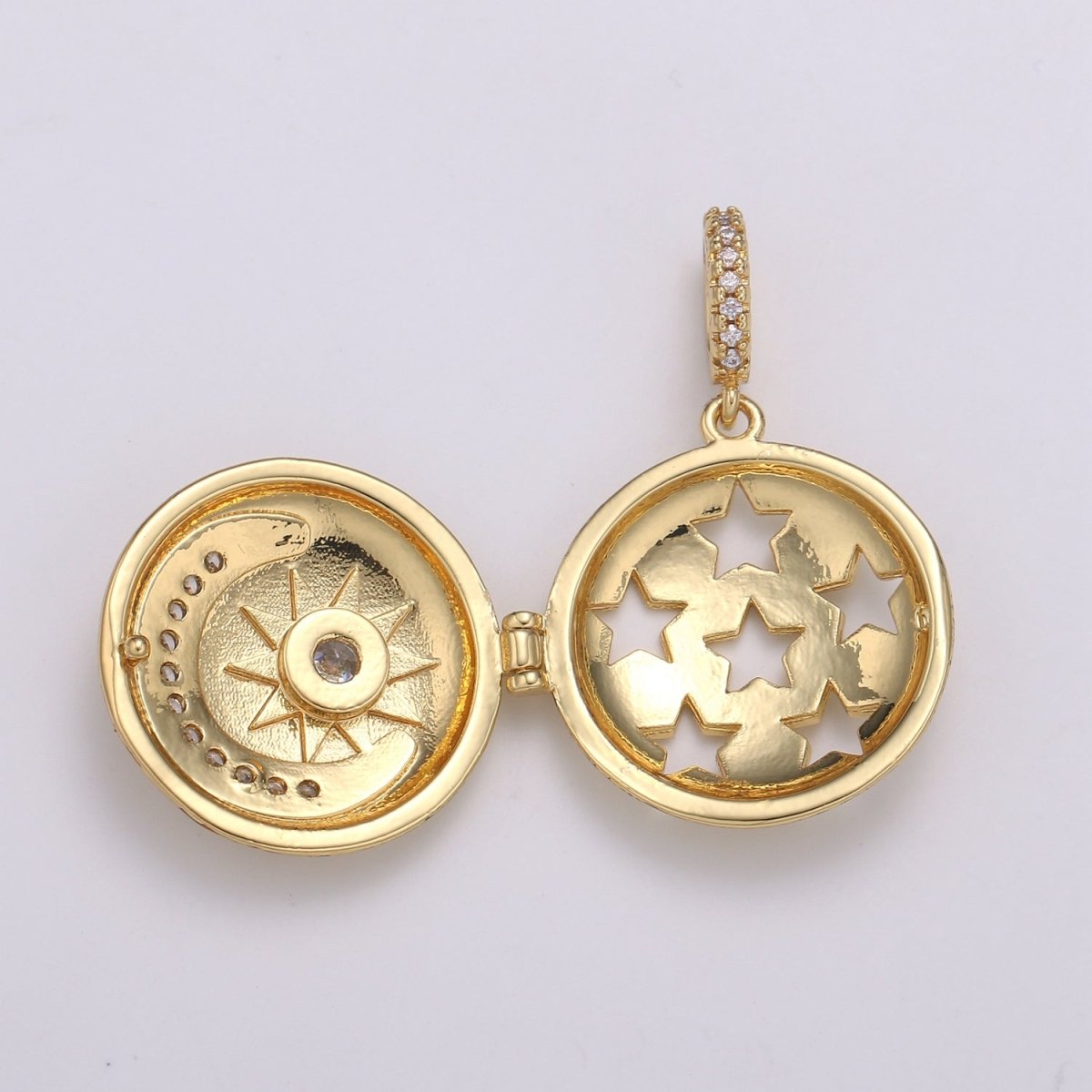 14K Gold Filled Crescent Moon Locket Starry Night Locket Pendant, Moon Star CZ Locket Charm Necklace Component Celestial Jewelry H-234