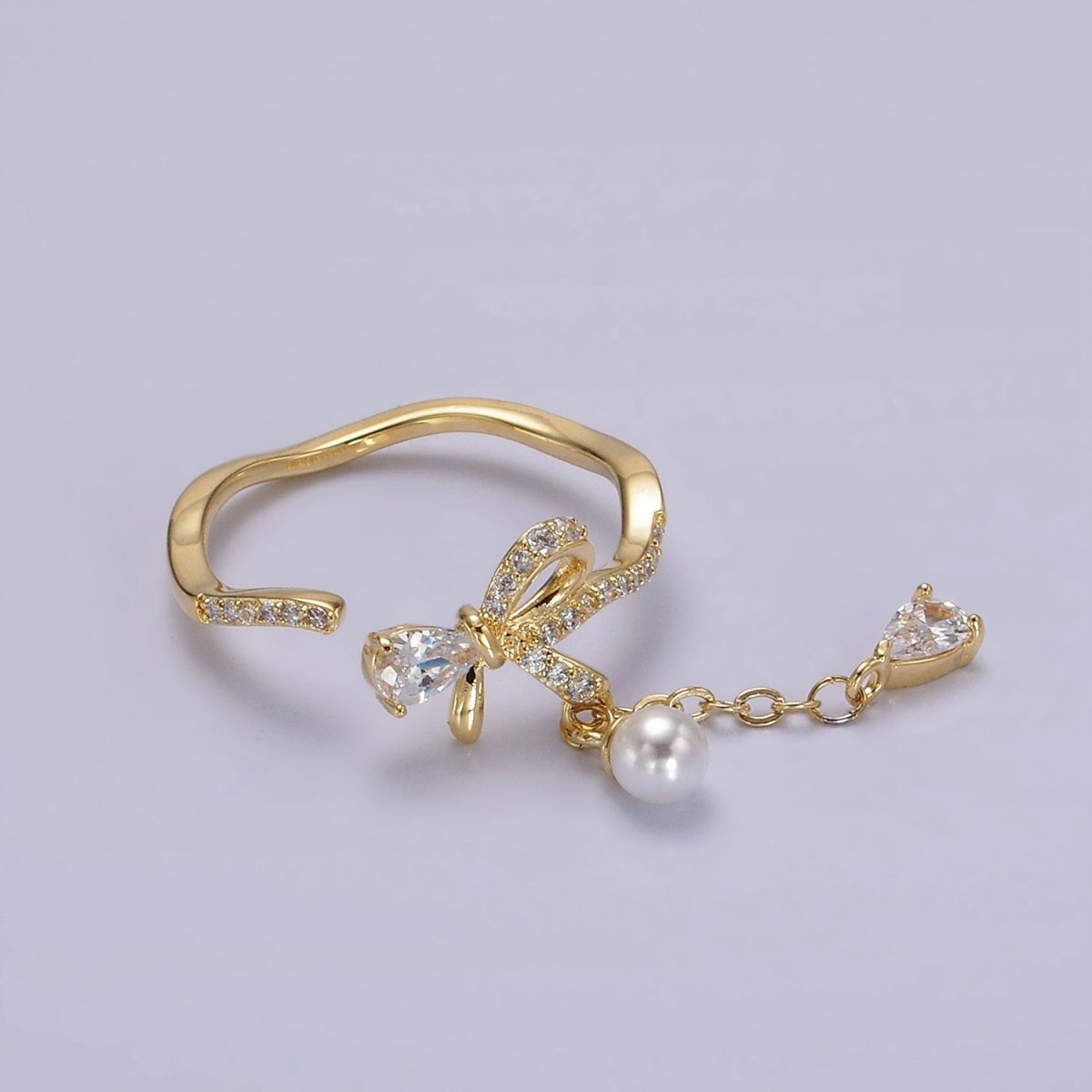 14K Gold Filled Ribbon Bow Micro Paved CZ Teardrop Pearl Drop Ring Coquette Girl Jewelry  | O1187