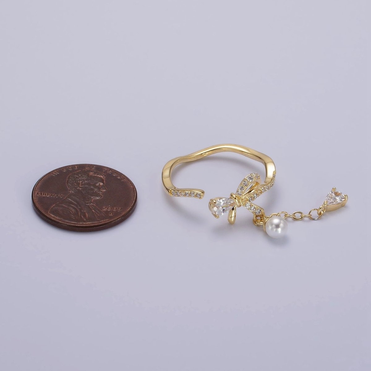 14K Gold Filled Ribbon Bow Micro Paved CZ Teardrop Pearl Drop Ring Coquette Girl Jewelry  | O1187