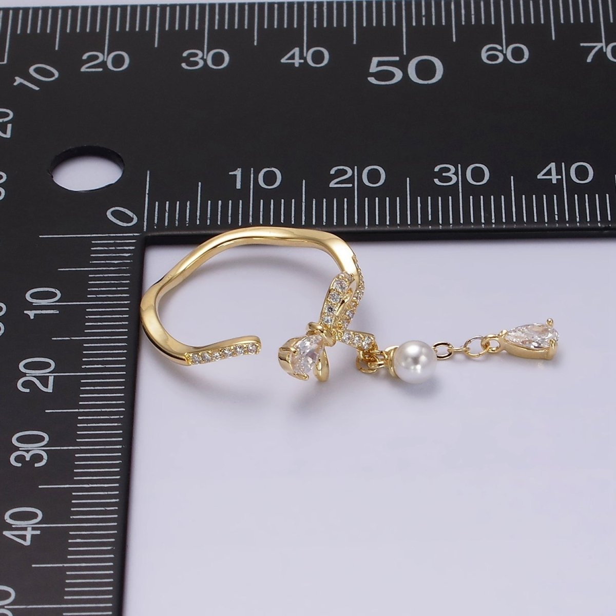 14K Gold Filled Ribbon Bow Micro Paved CZ Teardrop Pearl Drop Ring Coquette Girl Jewelry  | O1187