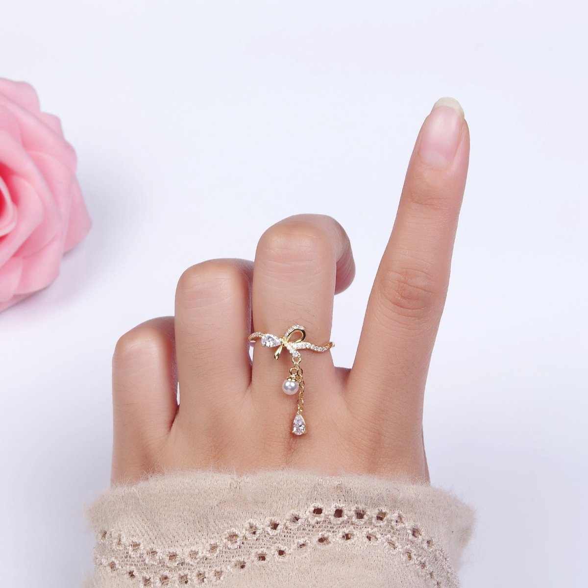 14K Gold Filled Ribbon Bow Micro Paved CZ Teardrop Pearl Drop Ring Coquette Girl Jewelry  | O1187