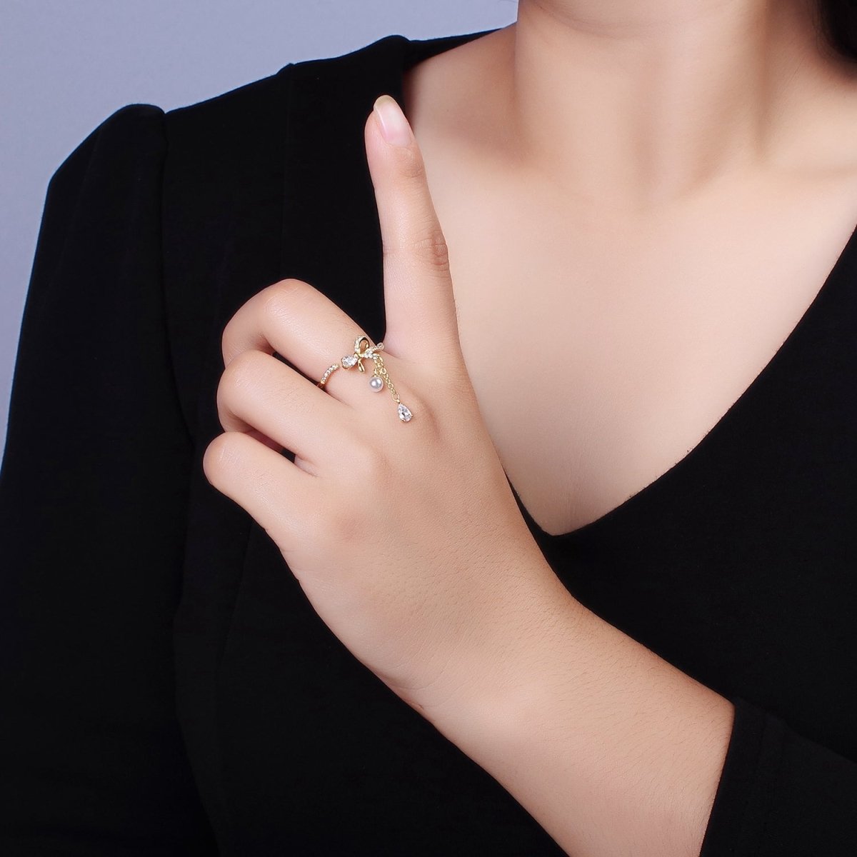 14K Gold Filled Ribbon Bow Micro Paved CZ Teardrop Pearl Drop Ring Coquette Girl Jewelry  | O1187