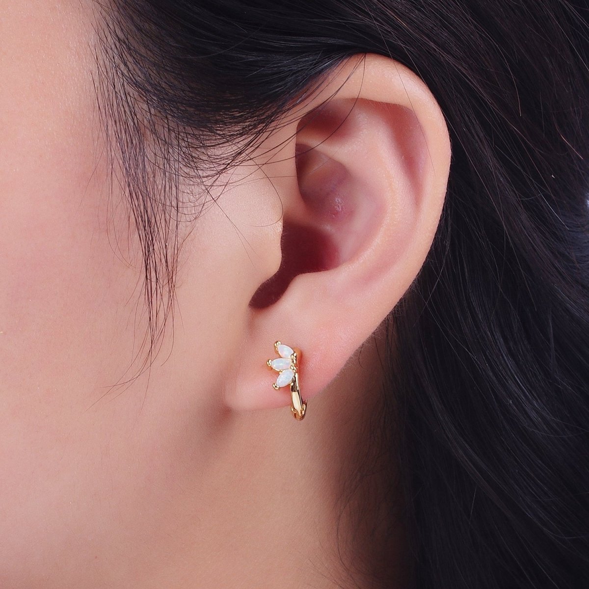 14K Gold Filled White Opal Triple Marquise Huggie Hoop Earrings | AD-092