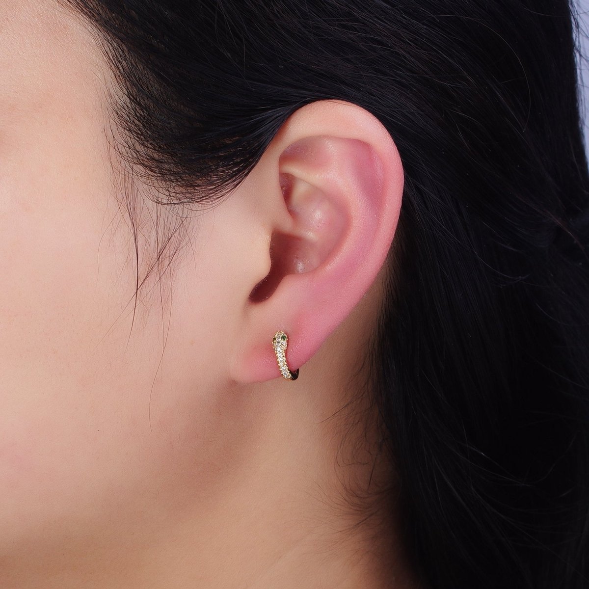 16K Gold Filled 10mm Green-Eyed CZ Snake Serpent Micro Paved Cartilage Huggie Earrings | AD1298