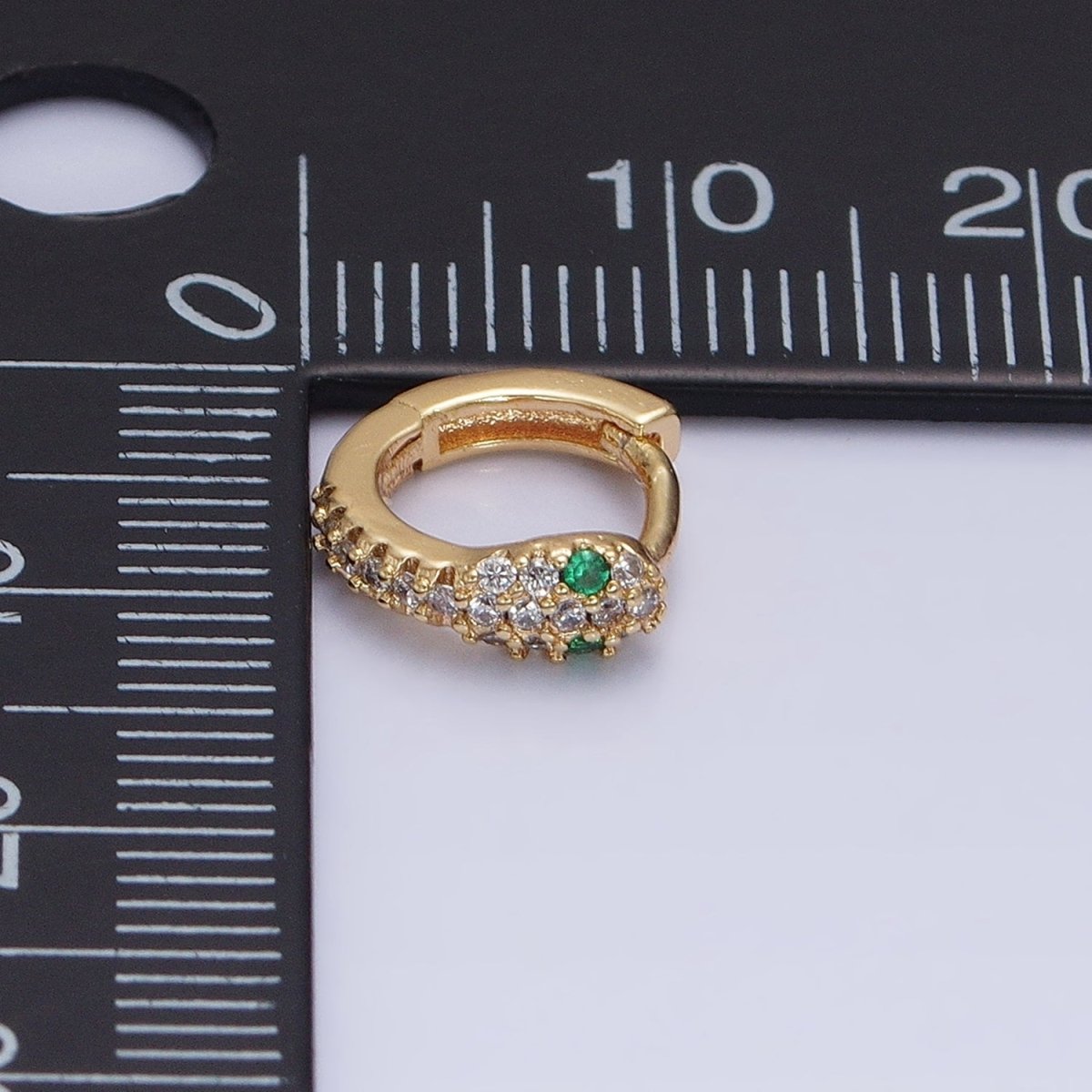 16K Gold Filled 10mm Green-Eyed CZ Snake Serpent Micro Paved Cartilage Huggie Earrings | AD1298