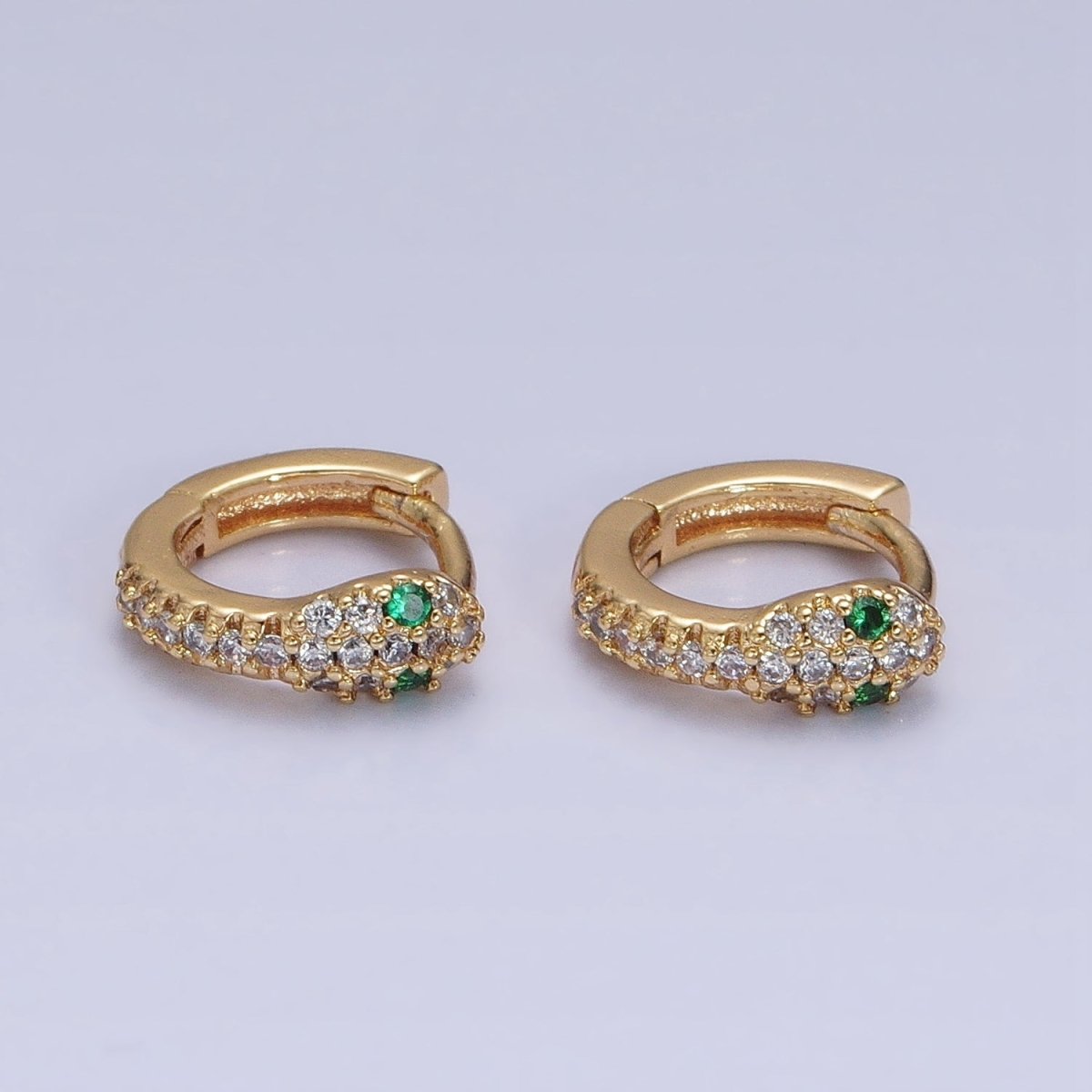 16K Gold Filled 10mm Green-Eyed CZ Snake Serpent Micro Paved Cartilage Huggie Earrings | AD1298