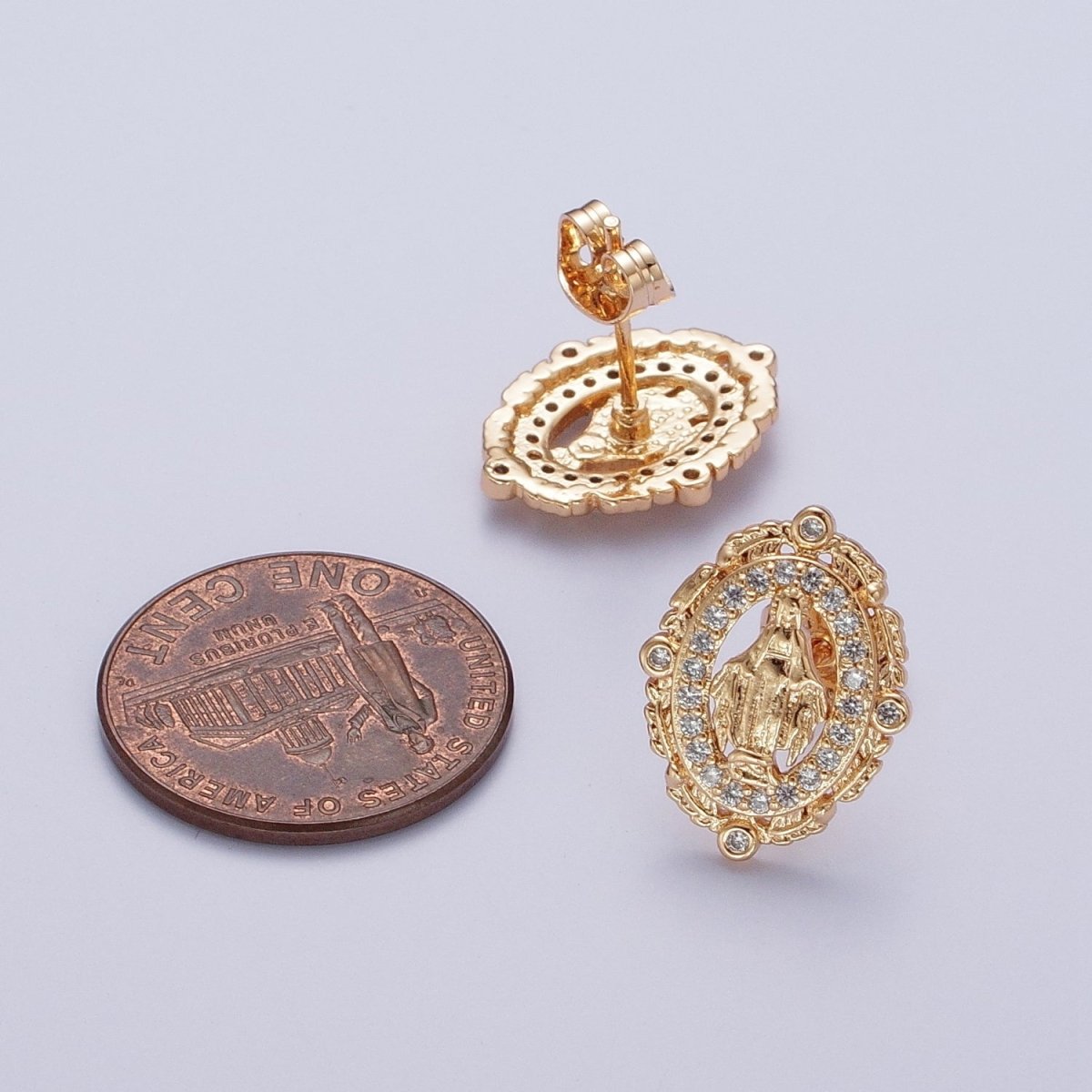 18K Gold Mother Virgin Mary Micro Paved CZ Oval Feather Outlined Stud Religious Earrings | AE-1050