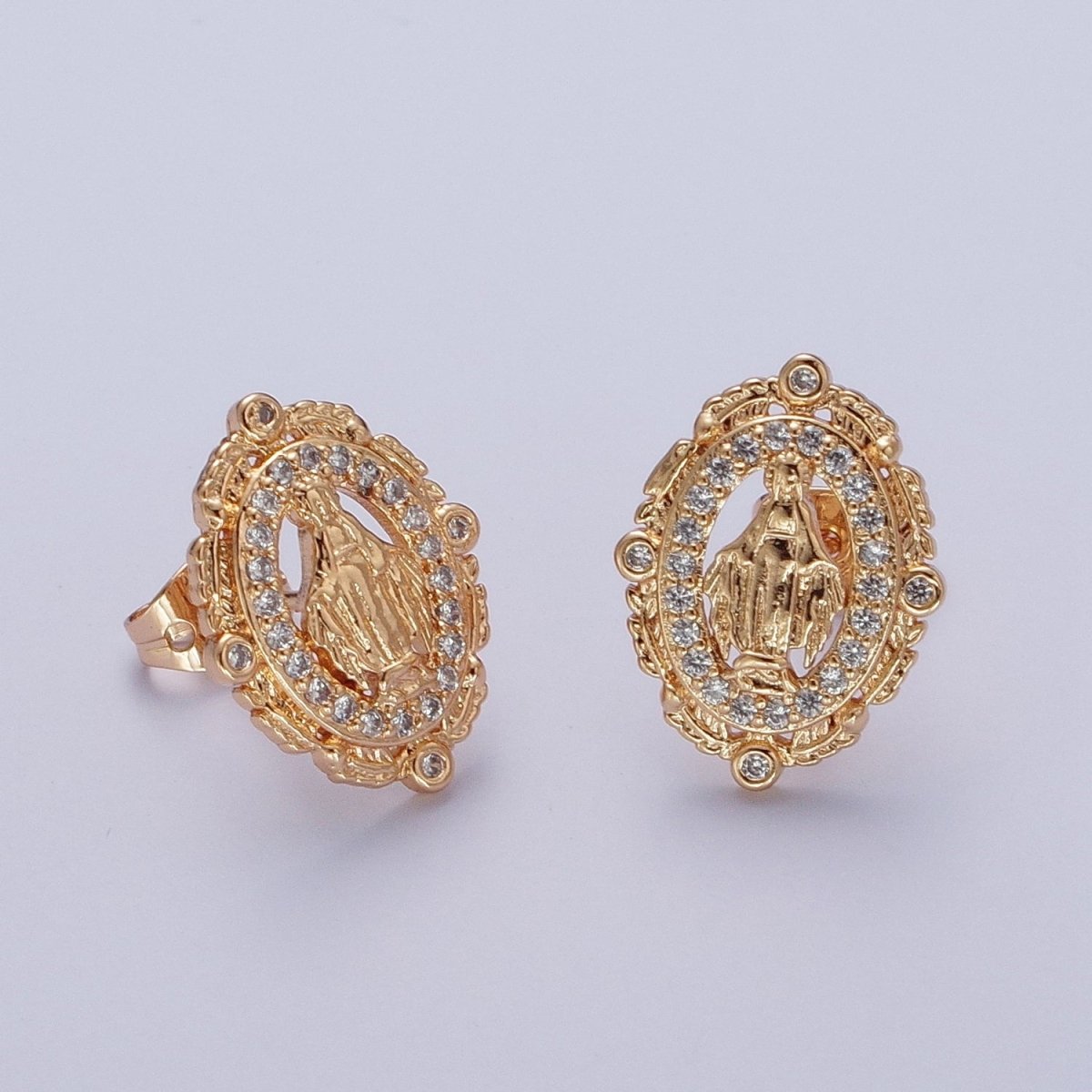 18K Gold Mother Virgin Mary Micro Paved CZ Oval Feather Outlined Stud Religious Earrings | AE-1050