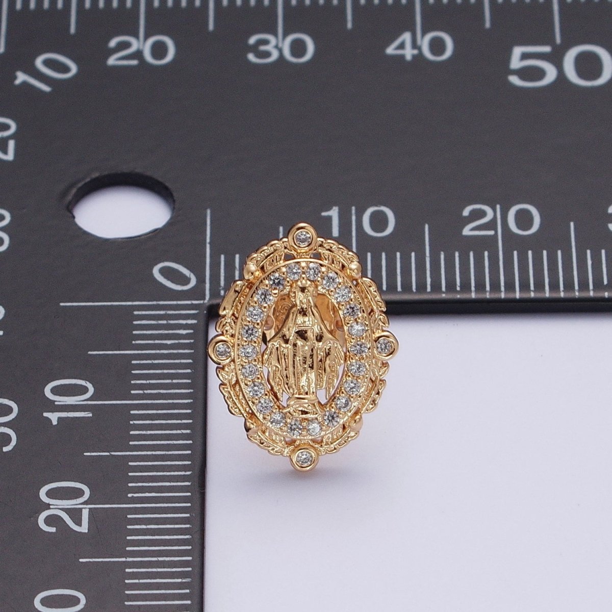 18K Gold Mother Virgin Mary Micro Paved CZ Oval Feather Outlined Stud Religious Earrings | AE-1050