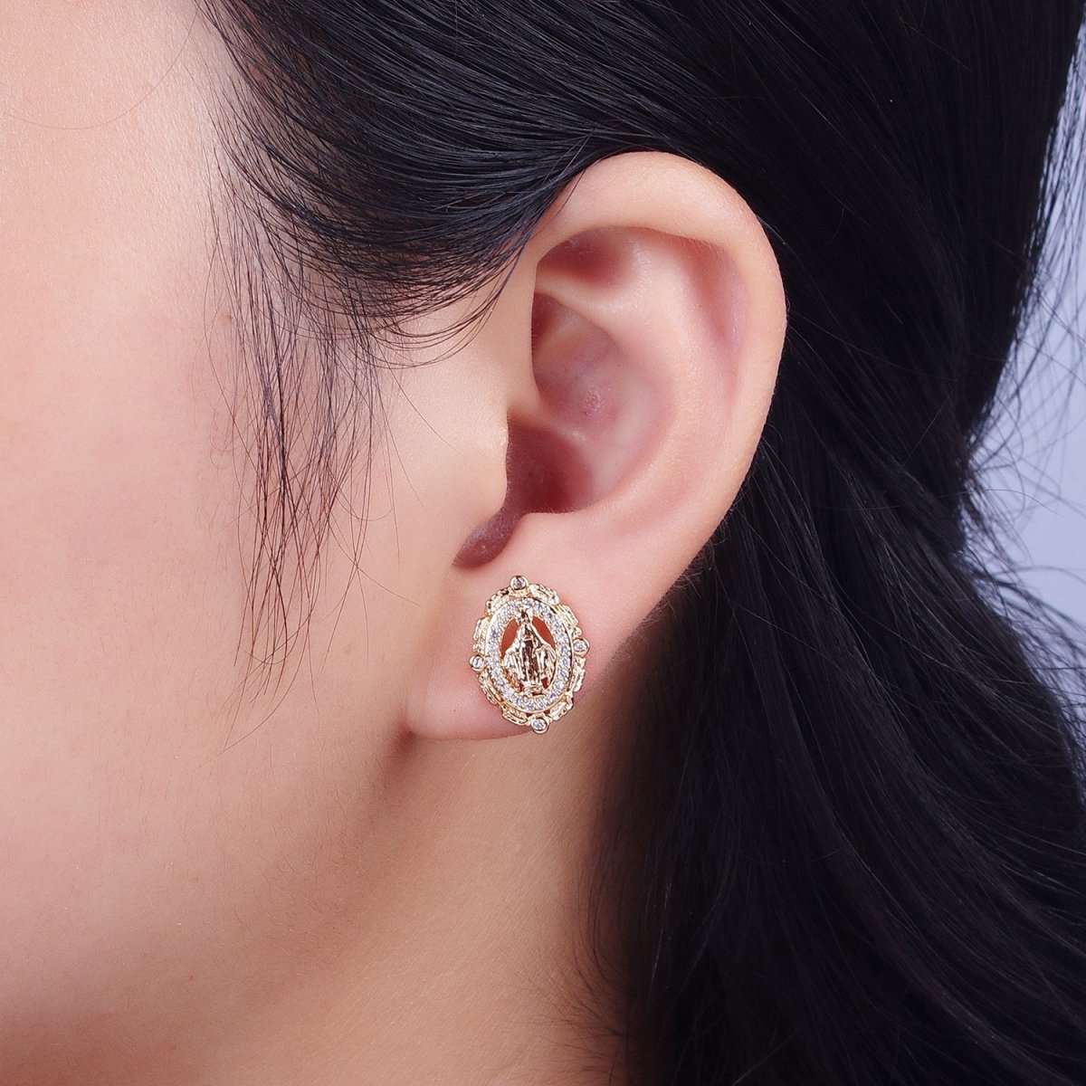 18K Gold Mother Virgin Mary Micro Paved CZ Oval Feather Outlined Stud Religious Earrings | AE-1050