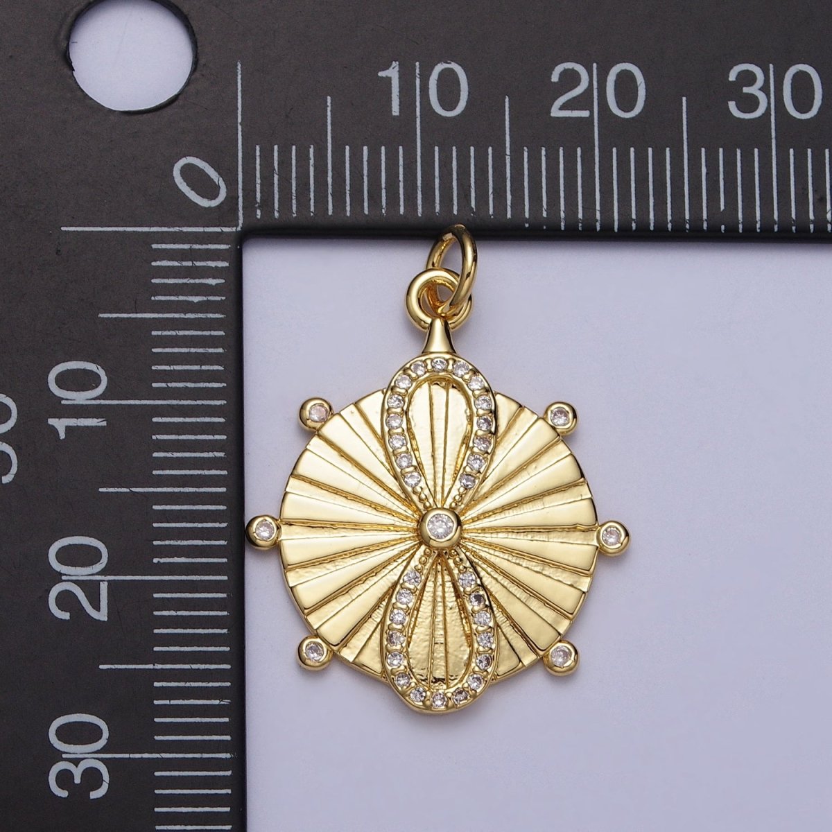 24K Gold Filled Micro Paved CZ Infinite Sunburst Round Medallion Charm | E444