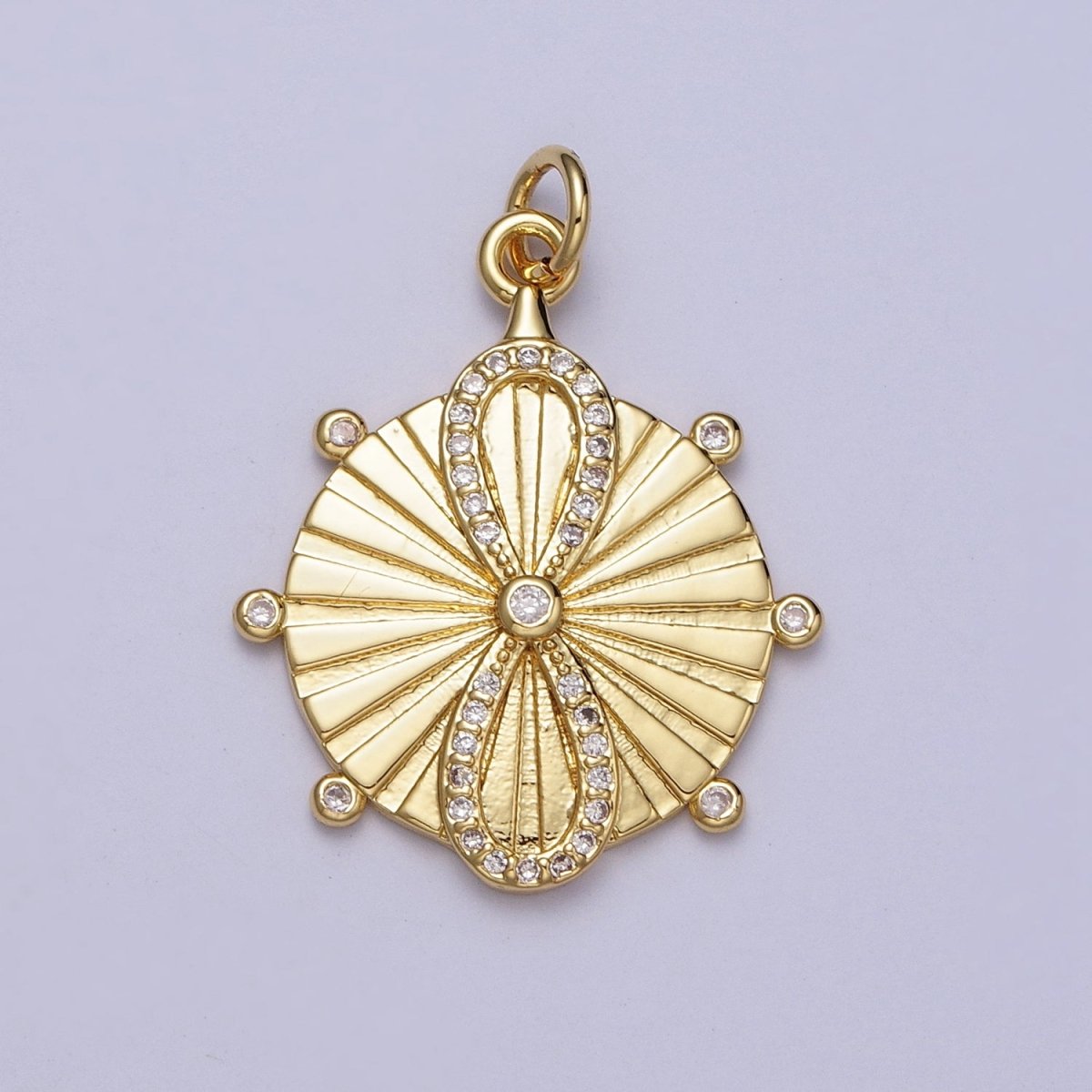 24K Gold Filled Micro Paved CZ Infinite Sunburst Round Medallion Charm | E444