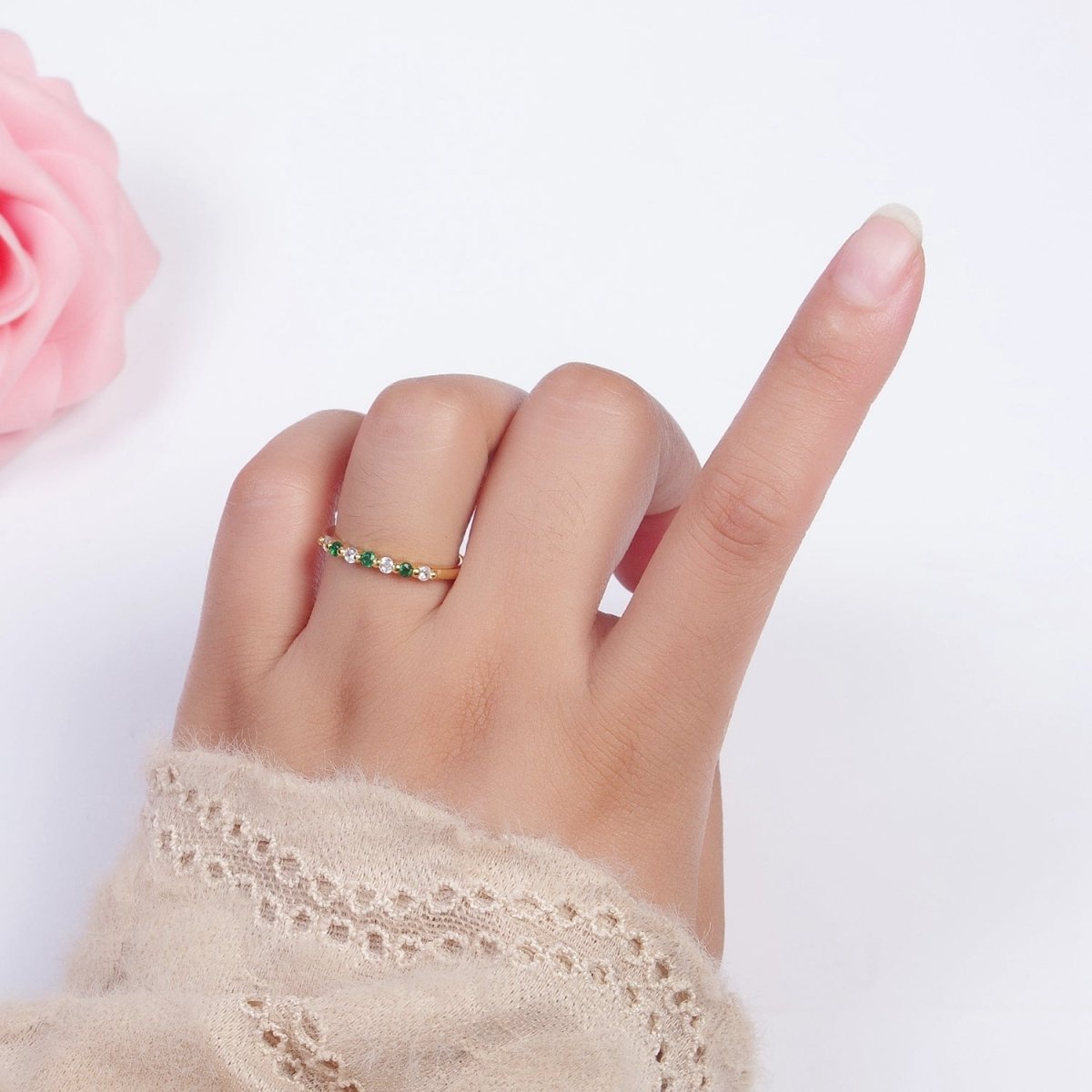 24K Gold Filled Micro Paved Green Clear Cubic Zirconia Adjustable Gold Ring | U-022