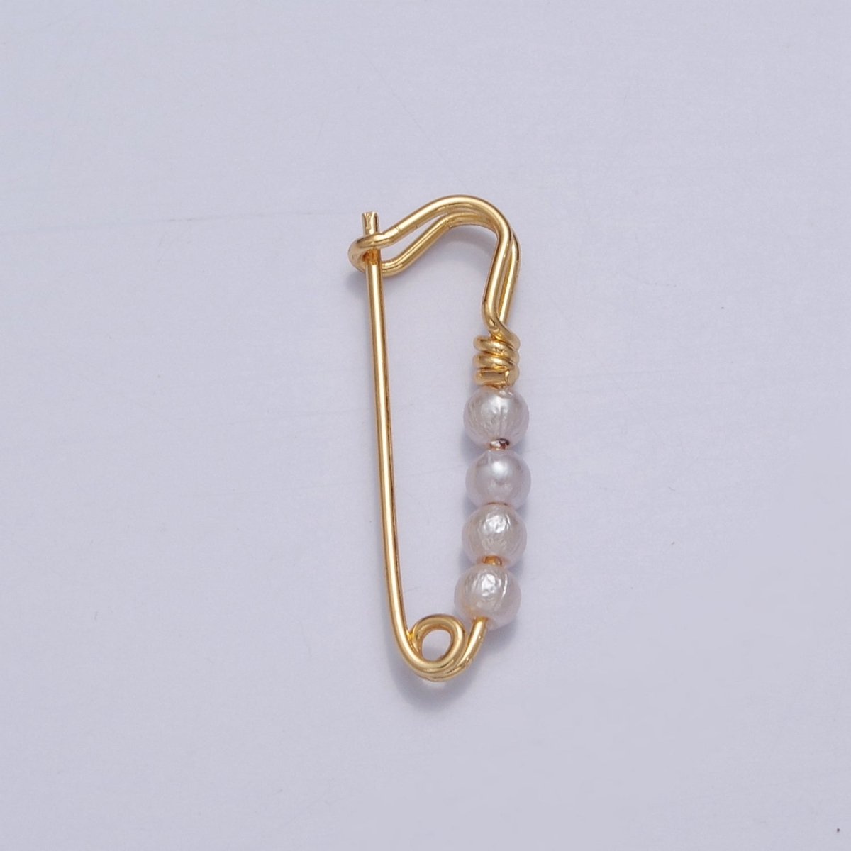 24K Gold Filled Over Brass Safety Pin Pendant with 4 Pearls 23x8mm L-746