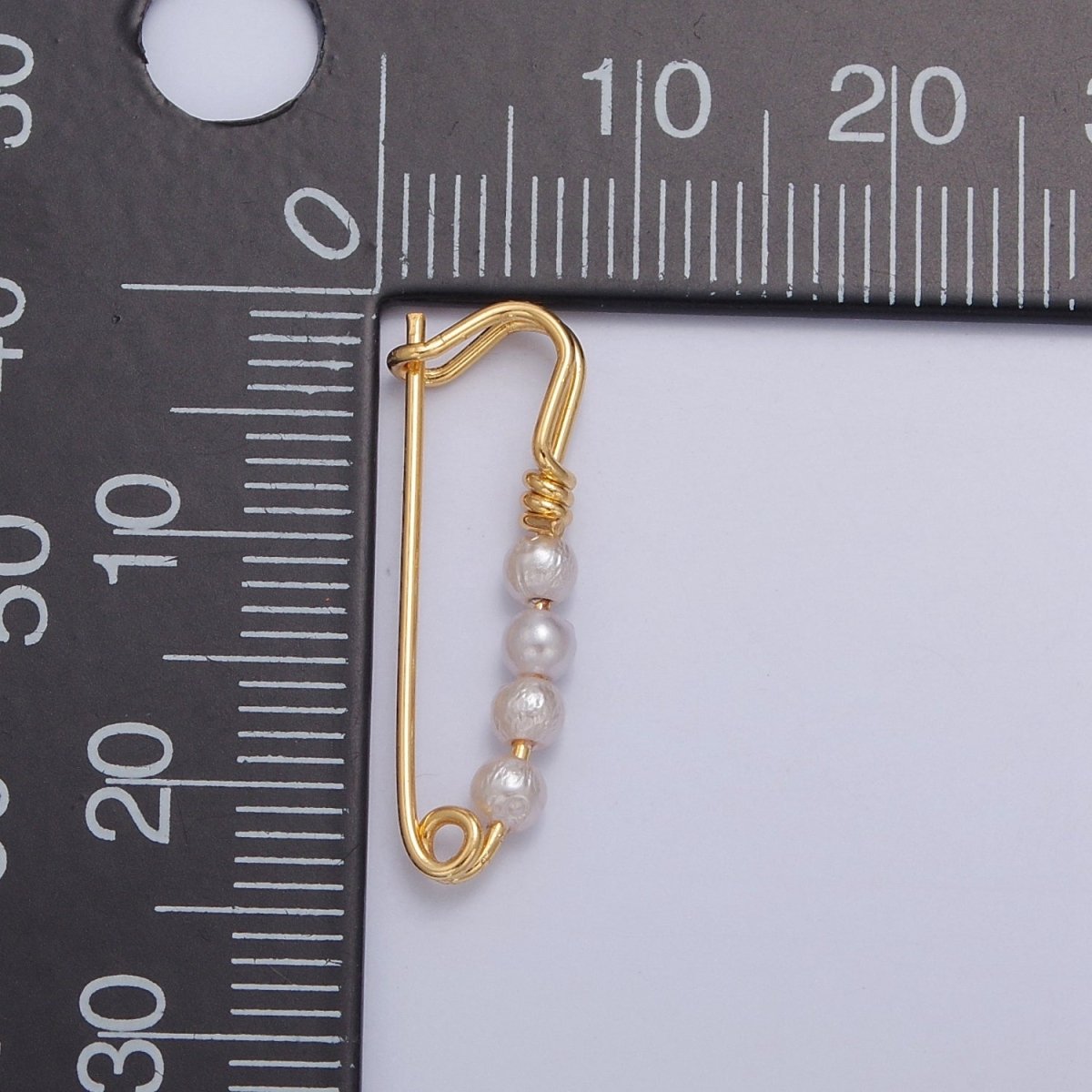 24K Gold Filled Over Brass Safety Pin Pendant with 4 Pearls 23x8mm L-746
