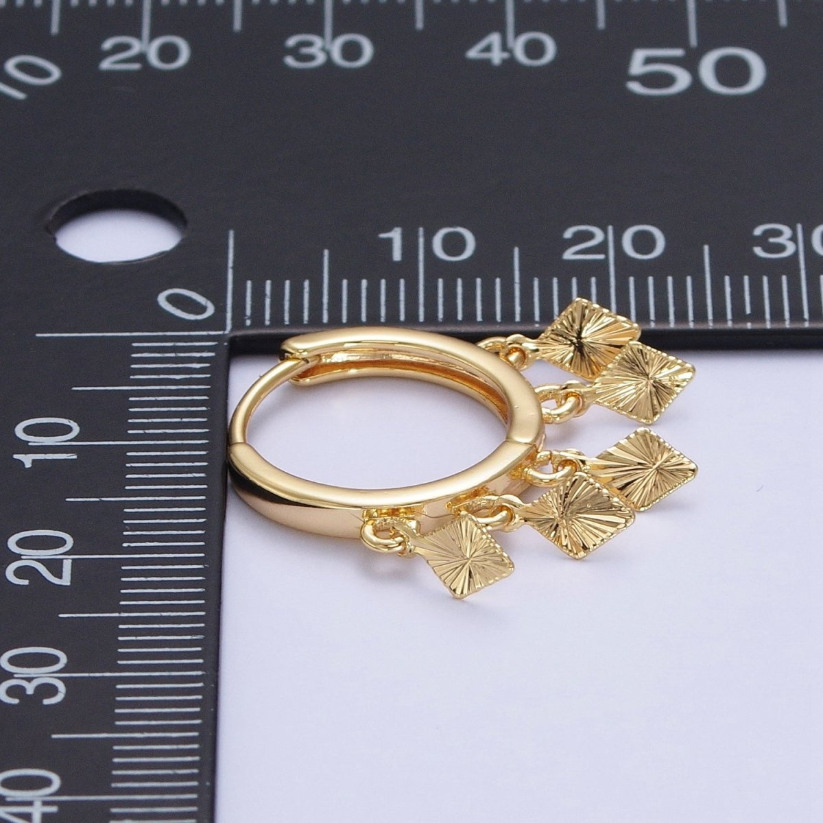 OS 24K Gold Filled Rhombus Textured Starburst Charm Dangle Drop Huggie Hoop Earrings T-177