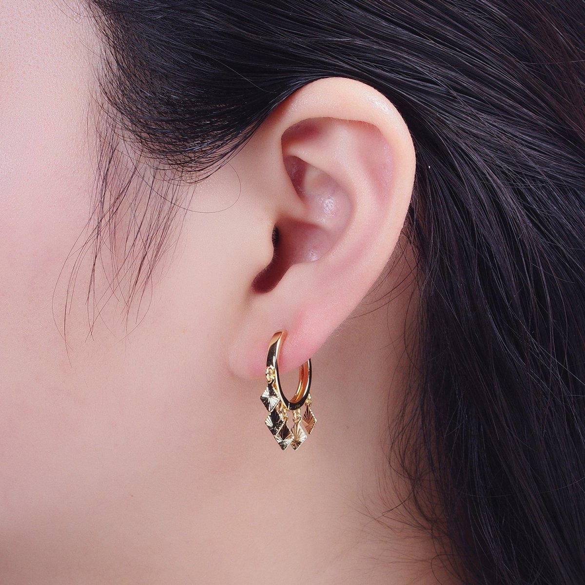 OS 24K Gold Filled Rhombus Textured Starburst Charm Dangle Drop Huggie Hoop Earrings T-177