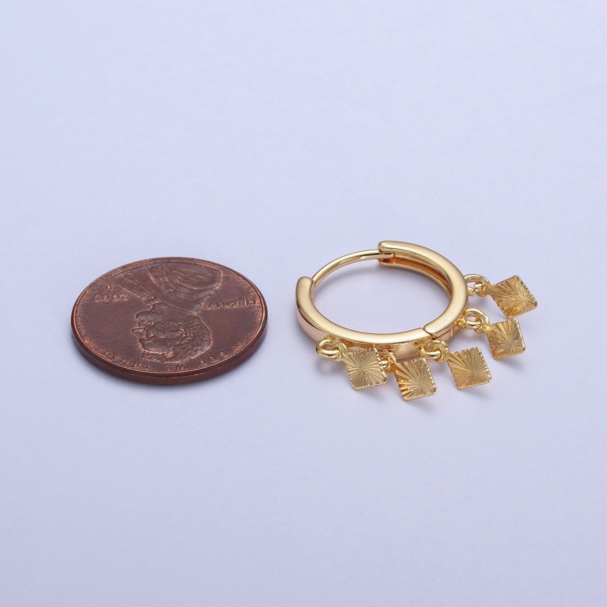 OS 24K Gold Filled Rhombus Textured Starburst Charm Dangle Drop Huggie Hoop Earrings T-177