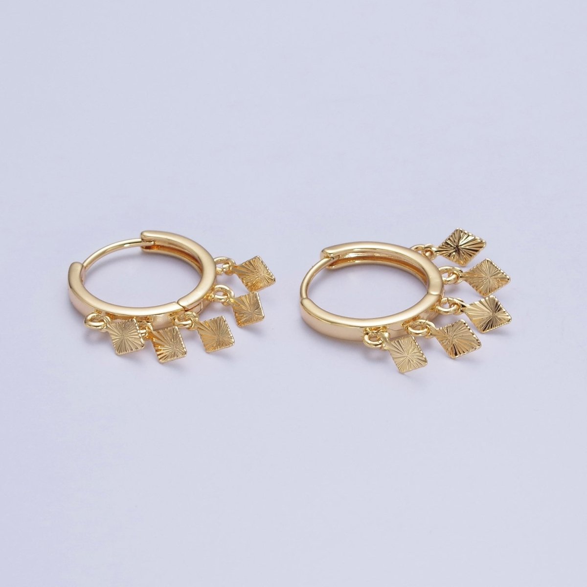 OS 24K Gold Filled Rhombus Textured Starburst Charm Dangle Drop Huggie Hoop Earrings T-177