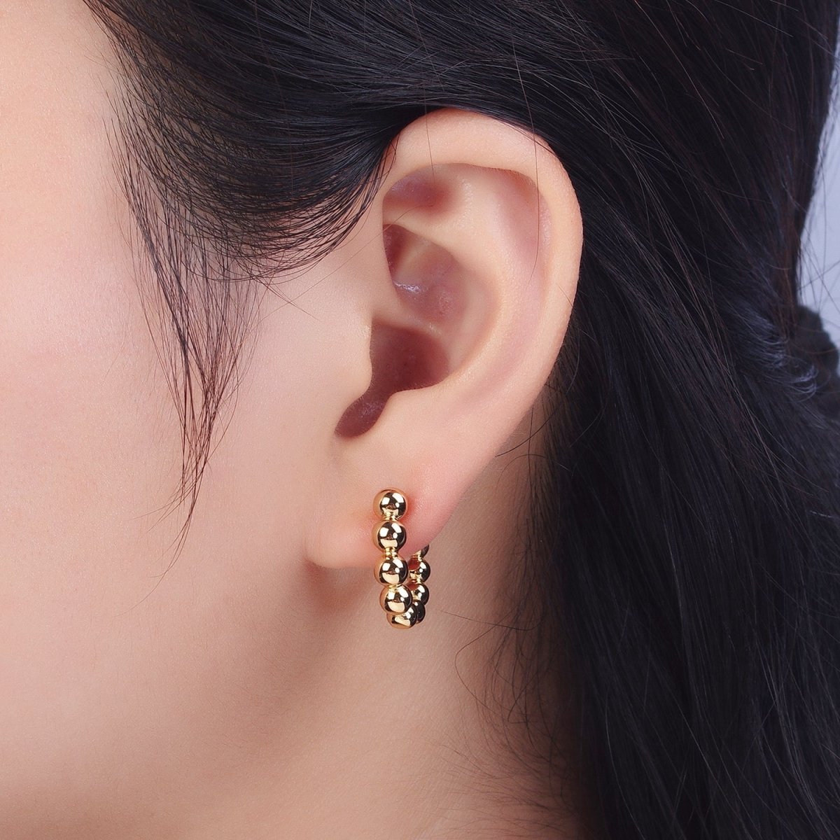 DISCONTINUE Gold Rounded Beaded Bubble Ball 20mm Huggie Hoop Earrings | V037