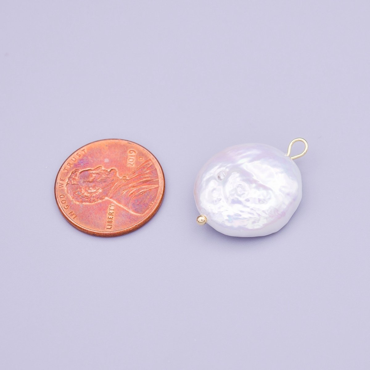 Round Flat 17mm Natural White Freshwater Pearl Charm | P-1648