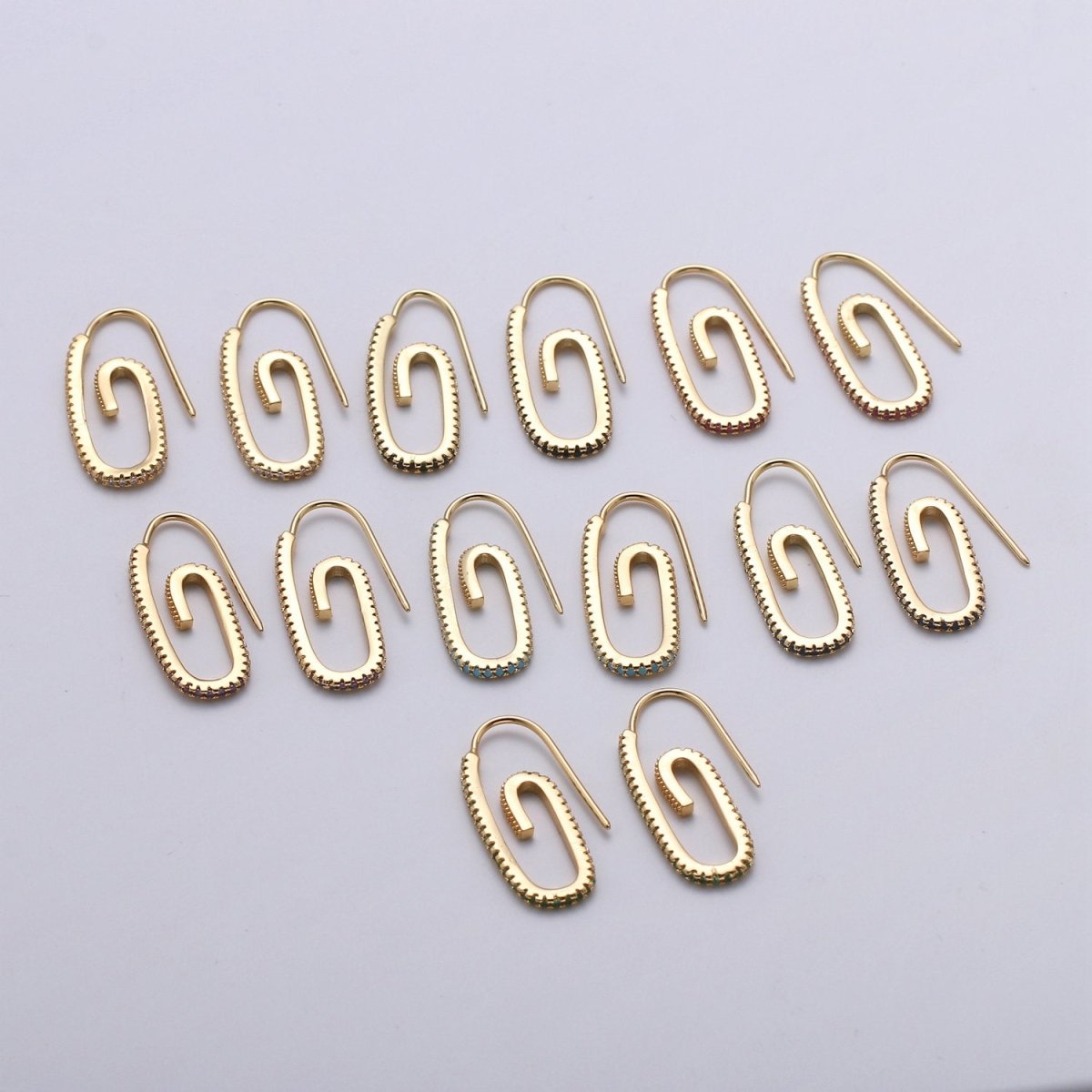 Paper Clip Earrings, Micro Pave Paper Clip Earrings, Trend Jewelry, Gold Hoop Earrings Clear, Green Black Blue Purple CZ Earring K-633 K-636 - K-638