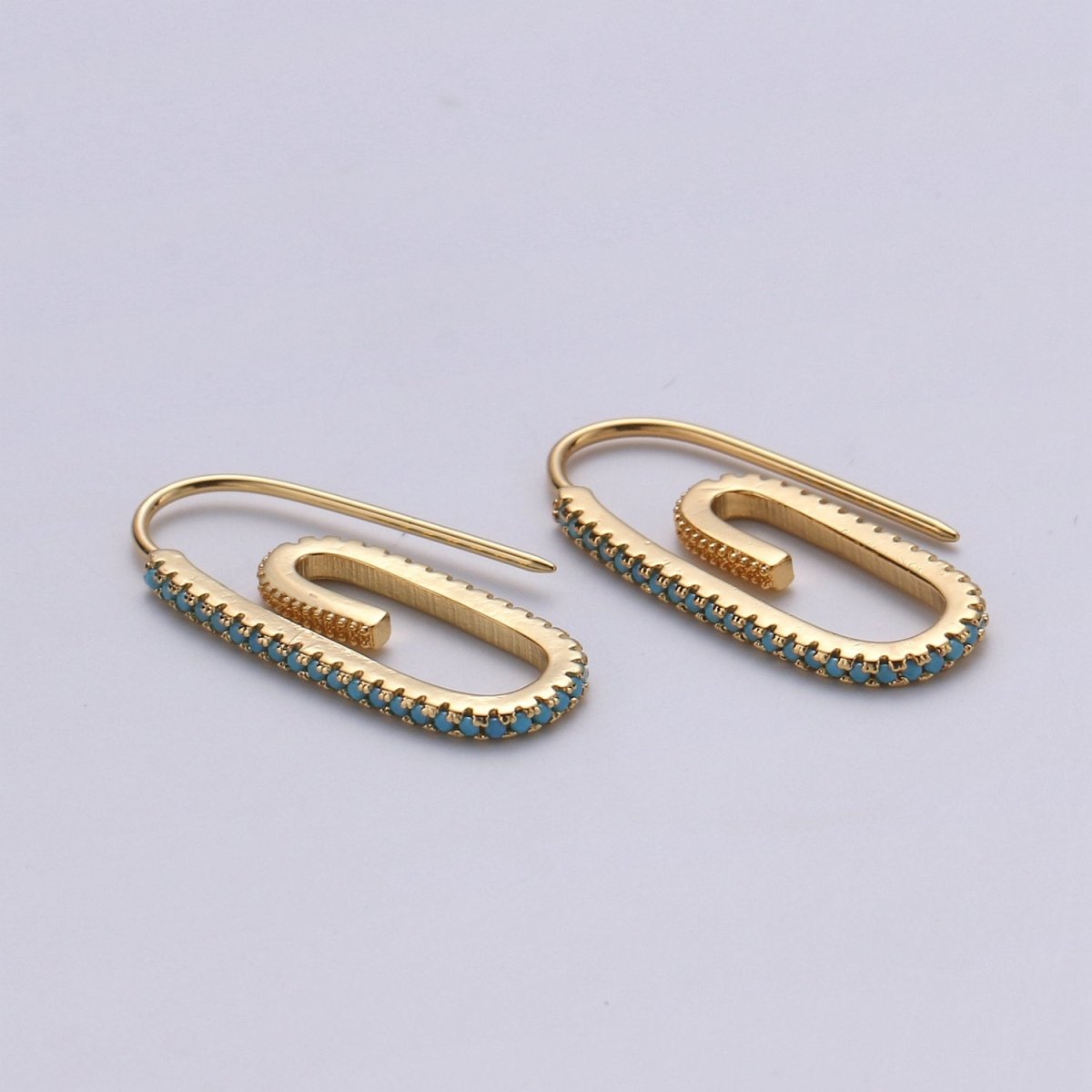 Paper Clip Earrings, Micro Pave Paper Clip Earrings, Trend Jewelry, Gold Hoop Earrings Clear, Green Black Blue Purple CZ Earring K-633 K-636 - K-638