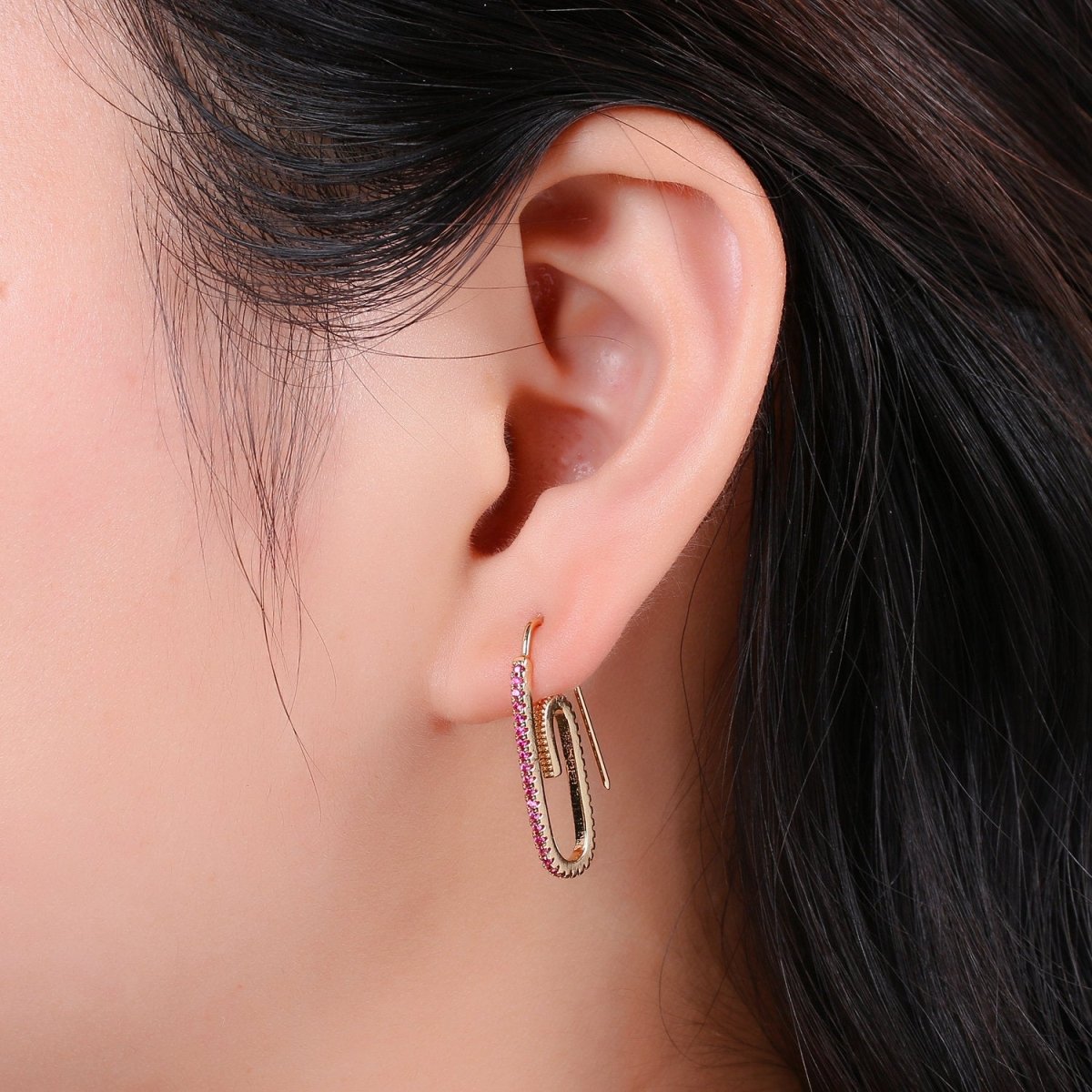 Paper Clip Earrings, Micro Pave Paper Clip Earrings, Trend Jewelry, Gold Hoop Earrings Clear, Green Black Blue Purple CZ Earring K-633 K-636 - K-638