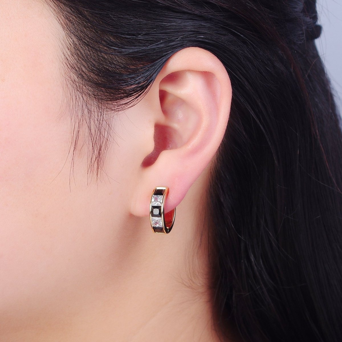 Pastel, Neon, Clear, Checkered Square CZ Lined Wide 16mm Gold Huggie Hoops Earrings | P-369~P-372