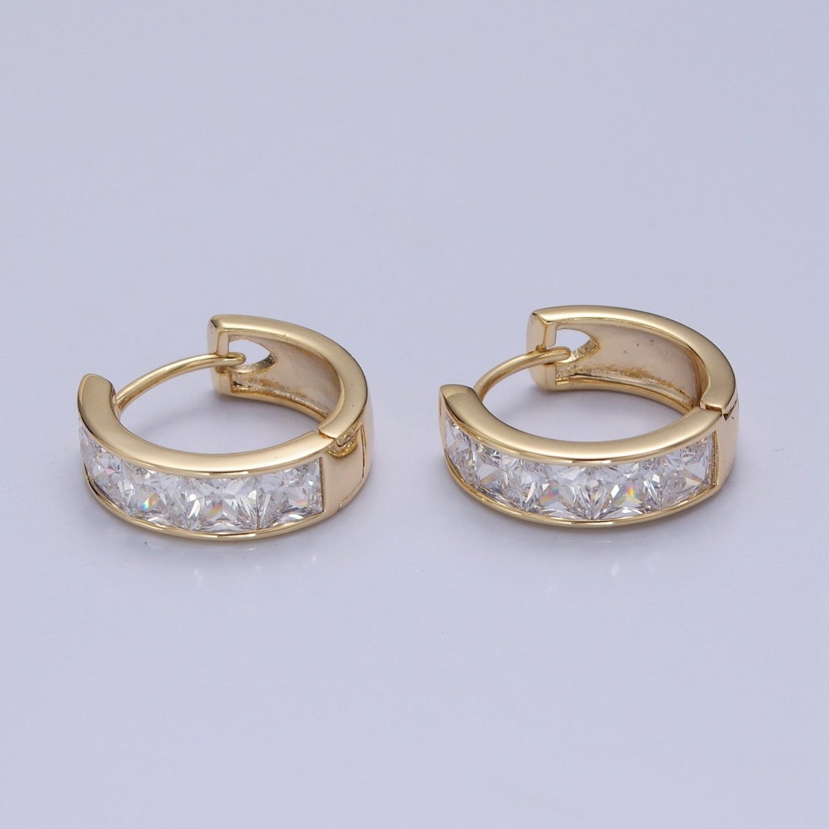 Pastel, Neon, Clear, Checkered Square CZ Lined Wide 16mm Gold Huggie Hoops Earrings | P-369~P-372