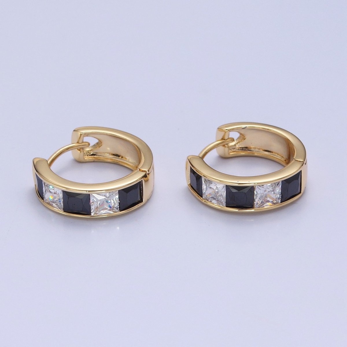 Pastel, Neon, Clear, Checkered Square CZ Lined Wide 16mm Gold Huggie Hoops Earrings | P-369~P-372