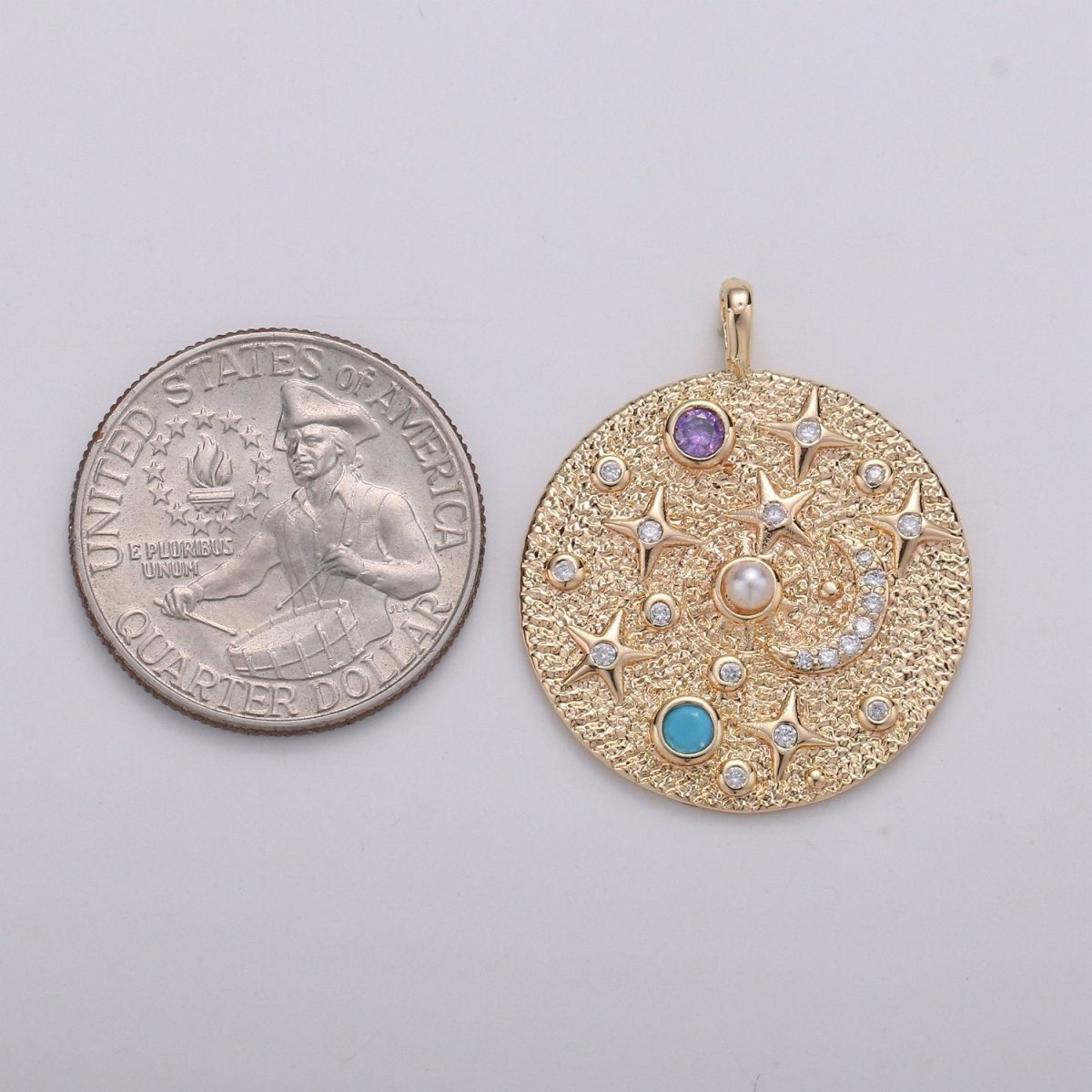 Pearl and Multi color CZ Planet in the Universe Round Pendant 14K gold Filled Charm, Star, Cresent Moon, Galaxy, DIY Jewelry Necklace making D-737