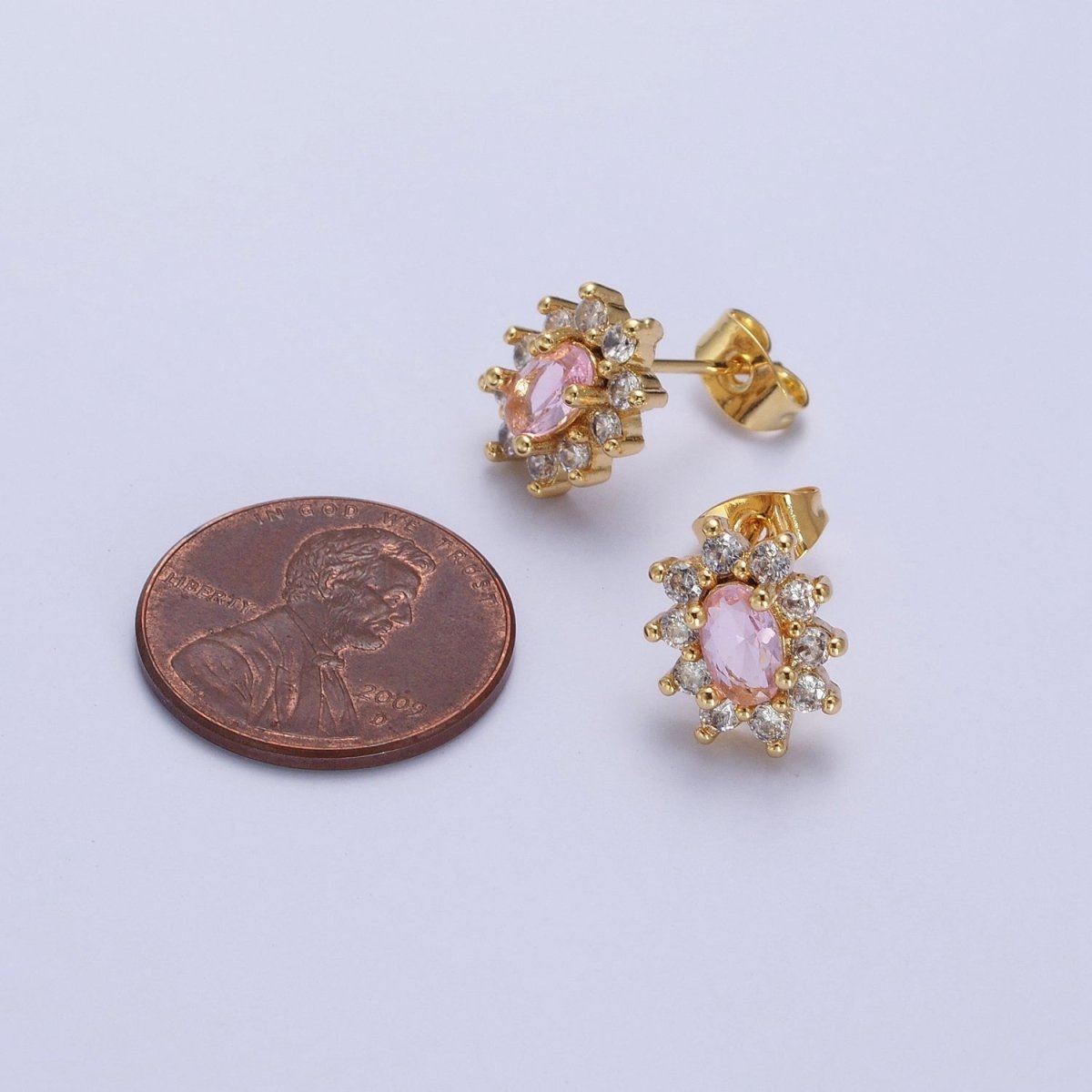 Pink & Clear Oval Cubic Zirconia Celestial Sun Burst Gold Stud Earrings | AD-580