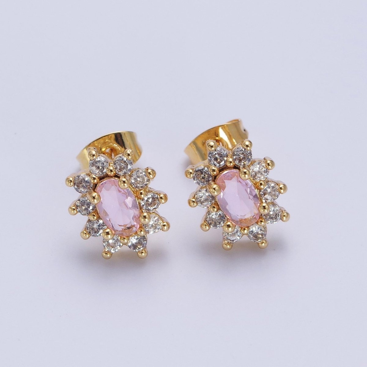 Pink & Clear Oval Cubic Zirconia Celestial Sun Burst Gold Stud Earrings | AD-580