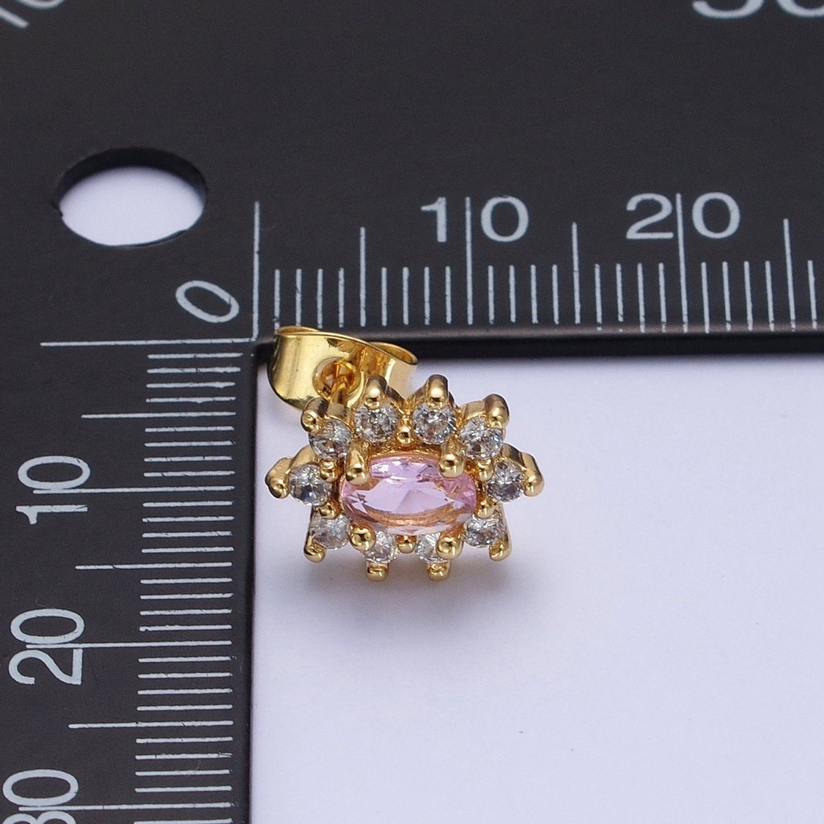 Pink & Clear Oval Cubic Zirconia Celestial Sun Burst Gold Stud Earrings | AD-580