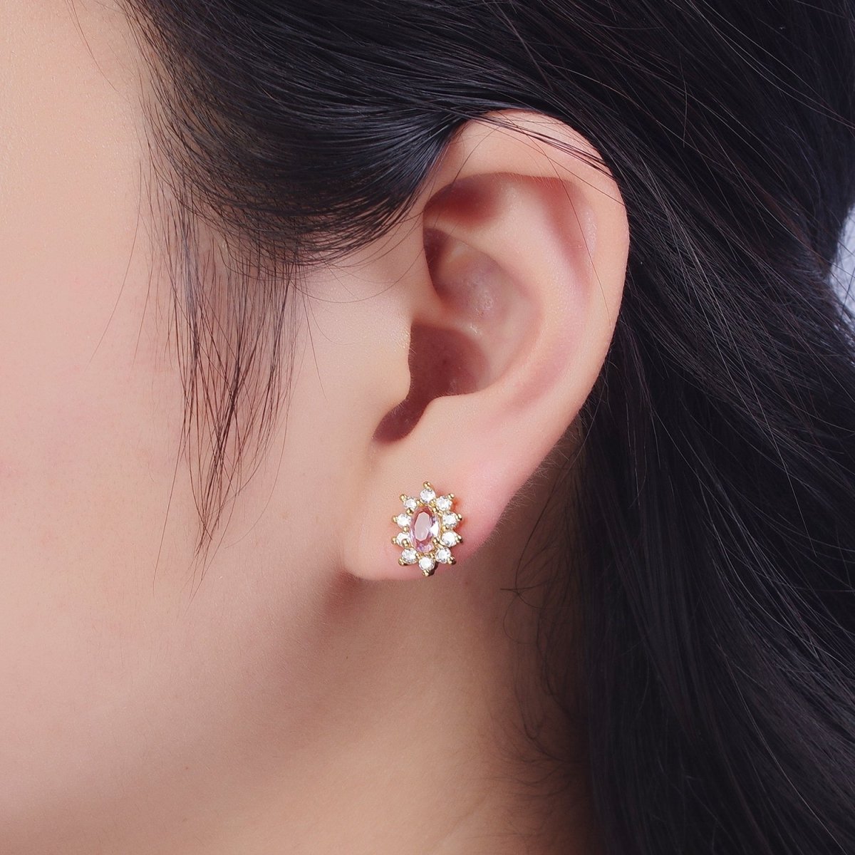 Pink & Clear Oval Cubic Zirconia Celestial Sun Burst Gold Stud Earrings | AD-580