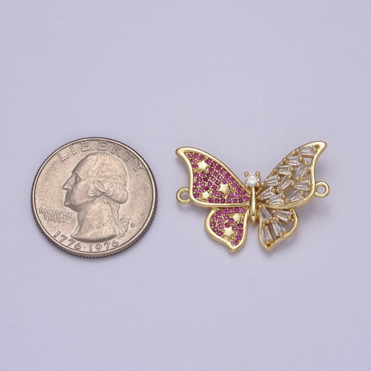 OS Pink Gold Butterfly Clear CZ Micro Pave Charm Connector Baguette Cluster Link Connector F-057