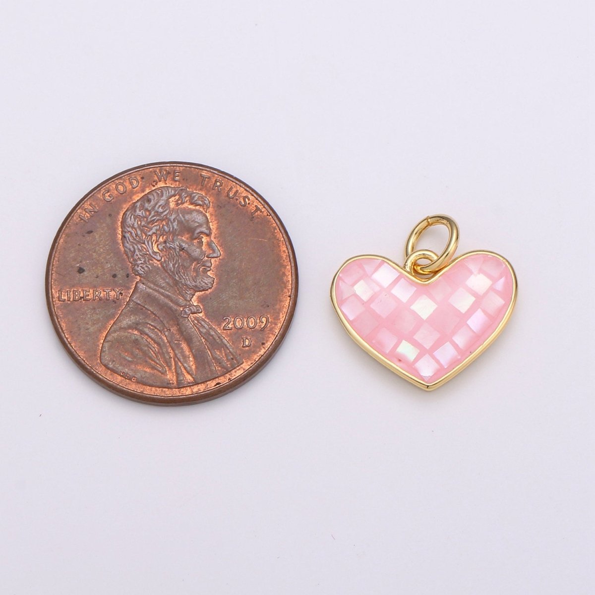 Pink Shell Opal Dainty 15mm Heart Gold Charm | D-341