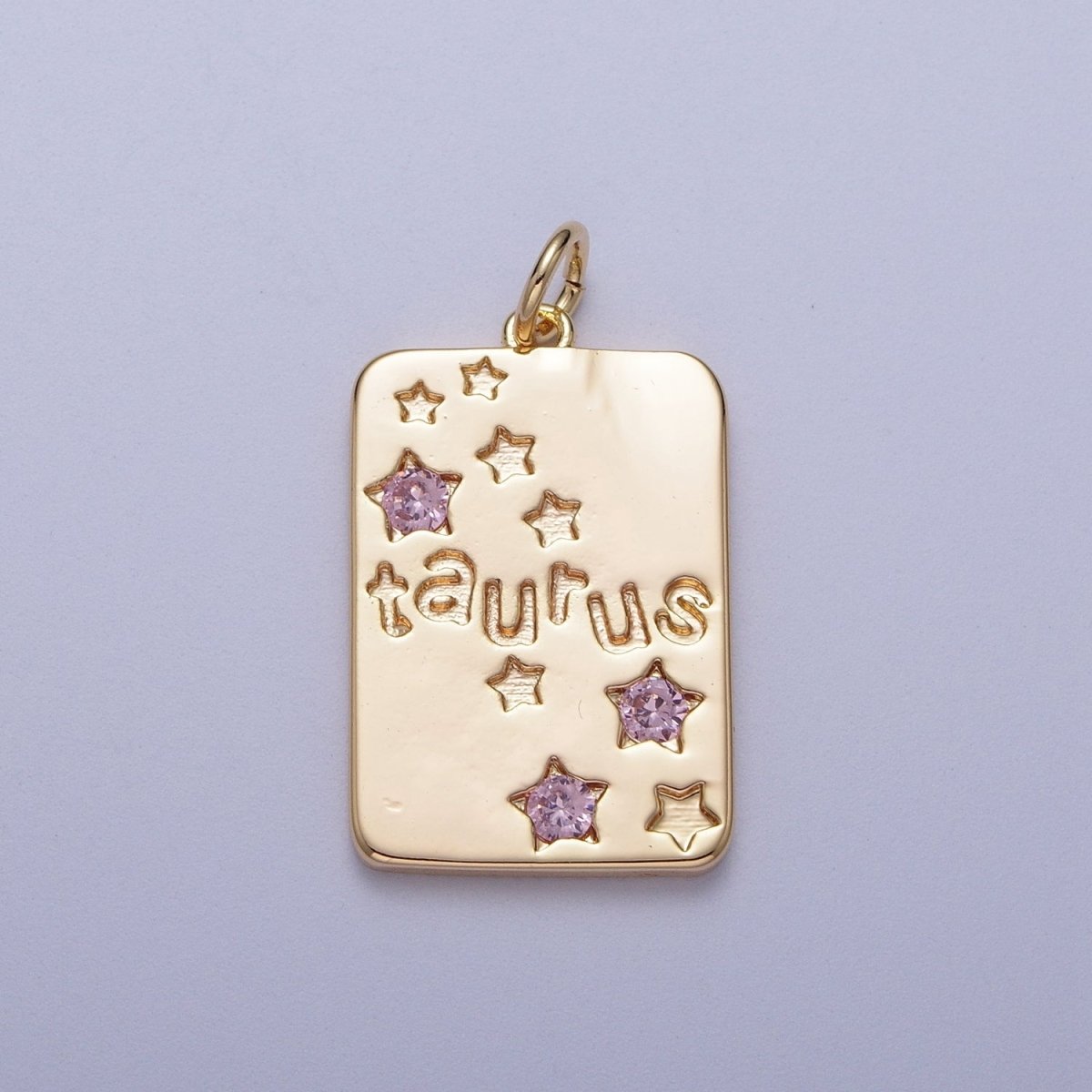 Pretty Gold Zodiac Cham Square Tag Horoscope Charm with Pink Cz Star | A-A1743-A-A1748