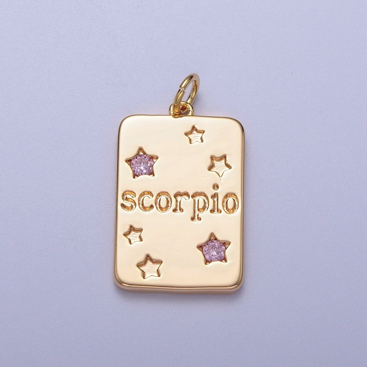 Pretty Gold Zodiac Cham Square Tag Horoscope Charm with Pink Cz Star | A-A1743-A-A1748