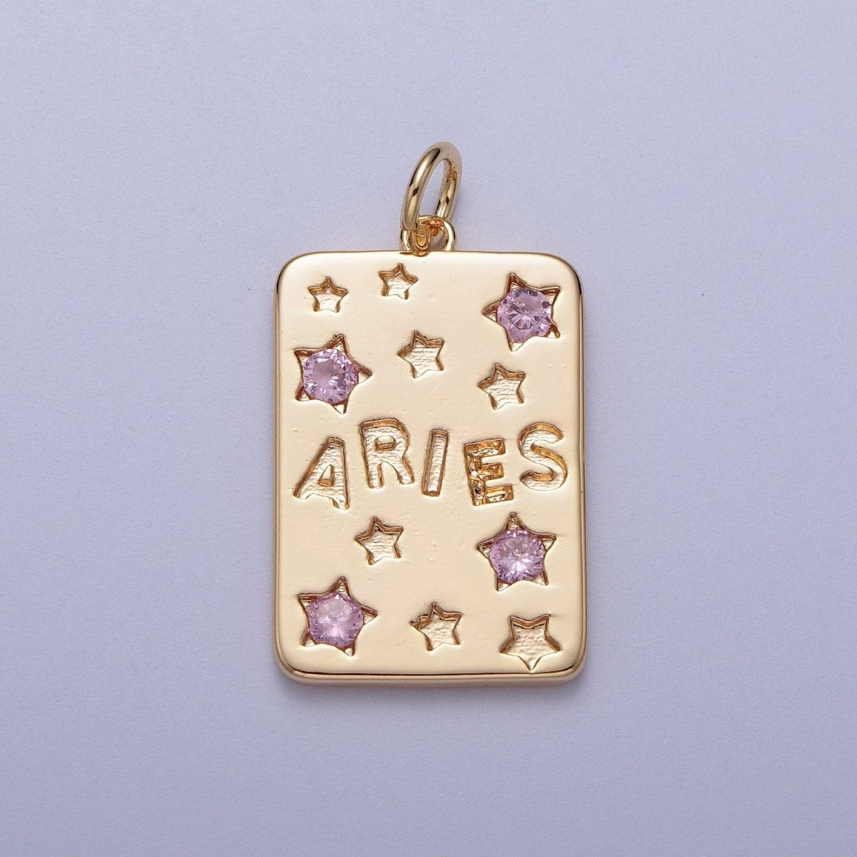 Pretty Gold Zodiac Cham Square Tag Horoscope Charm with Pink Cz Star | A-A1743-A-A1748