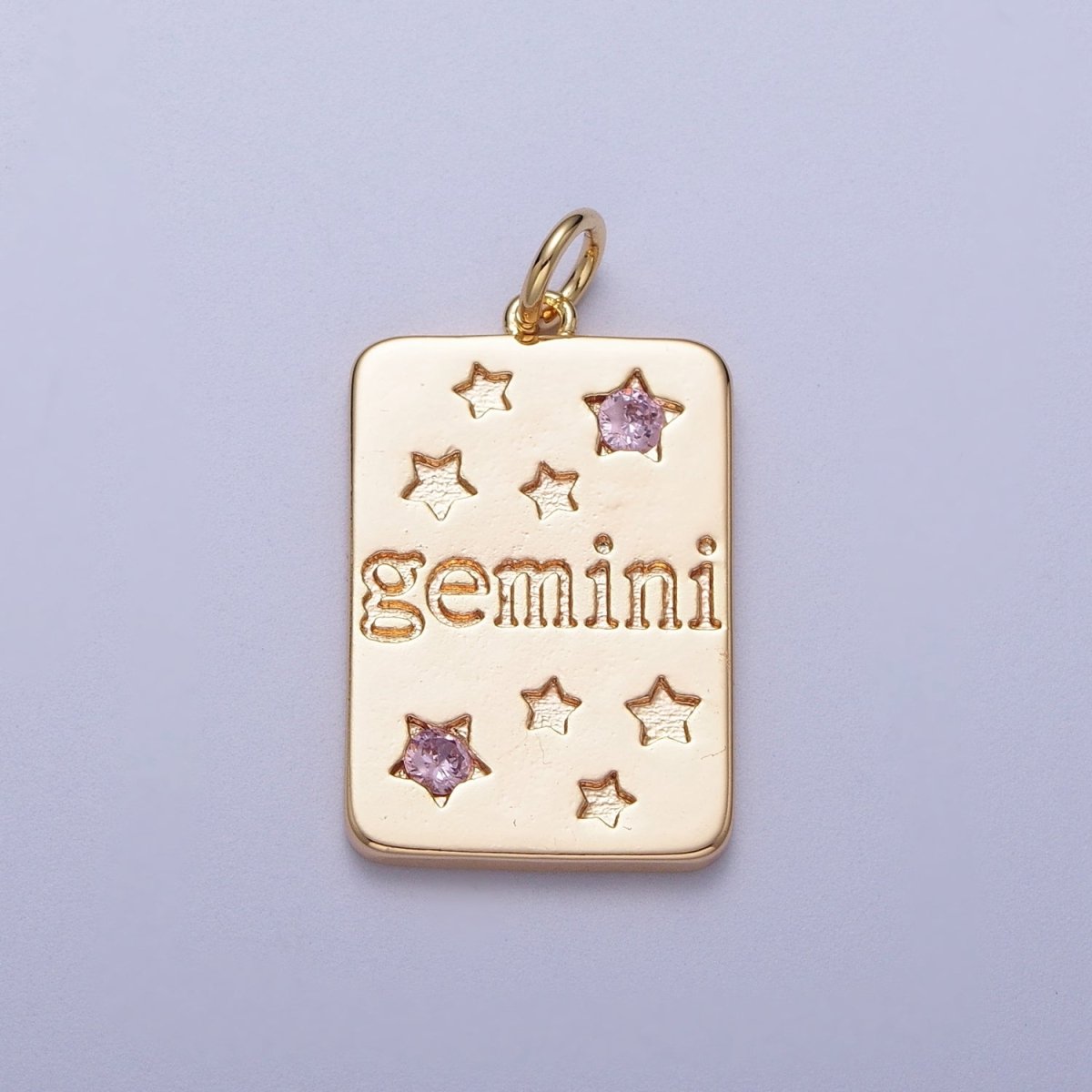 Pretty Gold Zodiac Cham Square Tag Horoscope Charm with Pink Cz Star | A-A1743-A-A1748