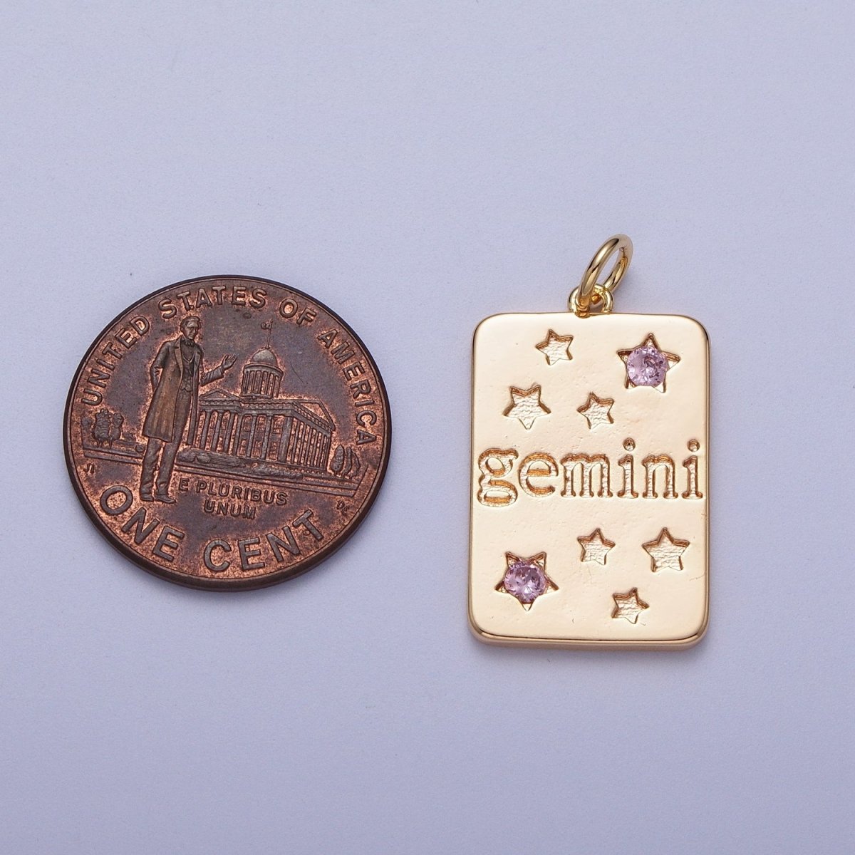 Pretty Gold Zodiac Cham Square Tag Horoscope Charm with Pink Cz Star | A-A1743-A-A1748