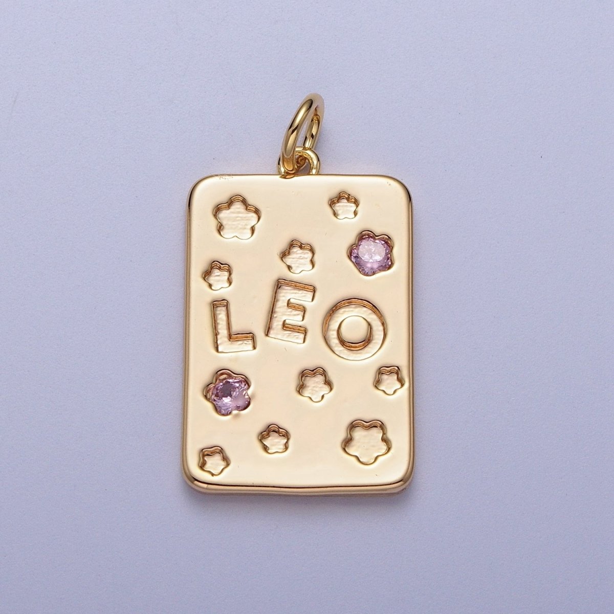 Pretty Gold Zodiac Cham Square Tag Horoscope Charm with Pink Cz Star | A-A1743-A-A1748
