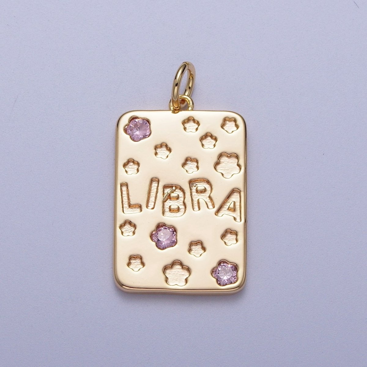 Pretty Gold Zodiac Cham Square Tag Horoscope Charm with Pink Cz Star | A-A1743-A-A1748