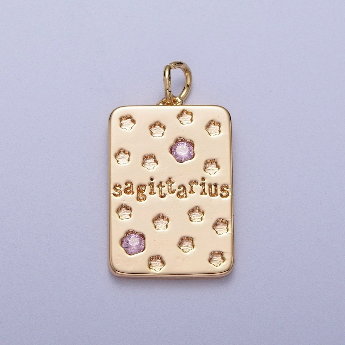 Pretty Gold Zodiac Cham Square Tag Horoscope Charm with Pink Cz Star | A-A1743-A-A1748