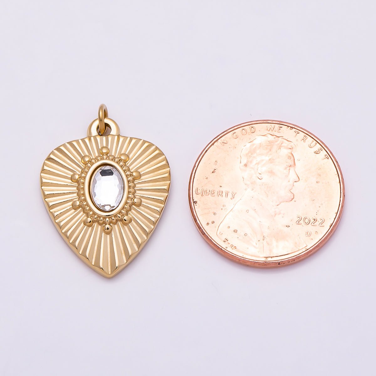 PVD Gold Stainless Steel 20mm Clear Oval CZ Radiant Sunburst Heart Medallion Charm | Charms-01023
