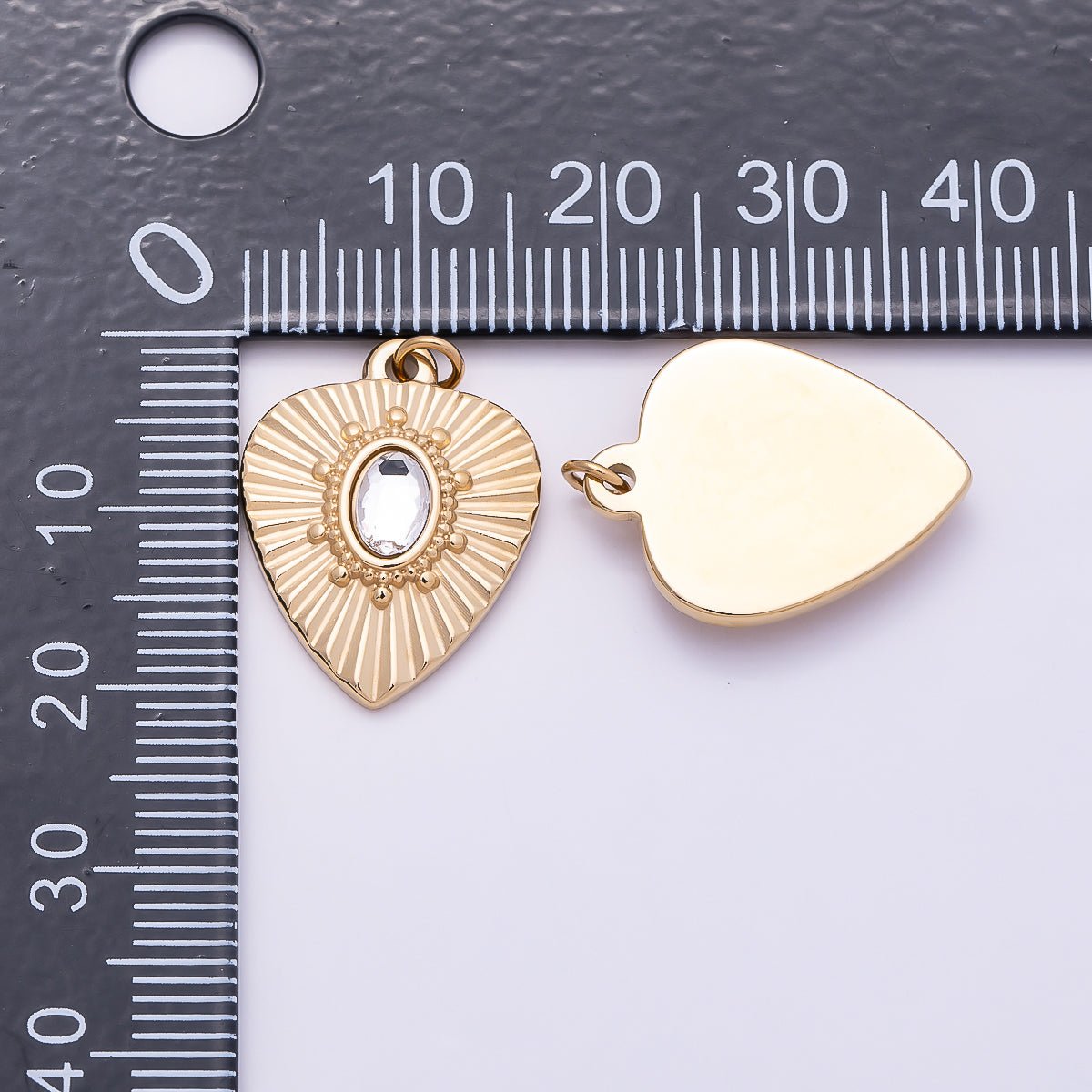PVD Gold Stainless Steel 20mm Clear Oval CZ Radiant Sunburst Heart Medallion Charm | Charms-01023