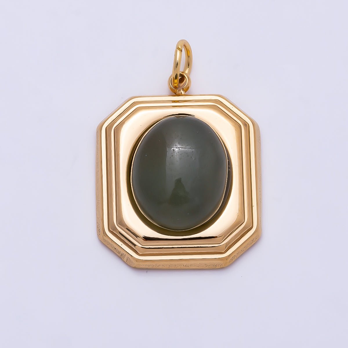 PVD Gold Stainless Steel 20mm Green Aventurine Cabochon Bezel Hexagon Charm | Charms-01331