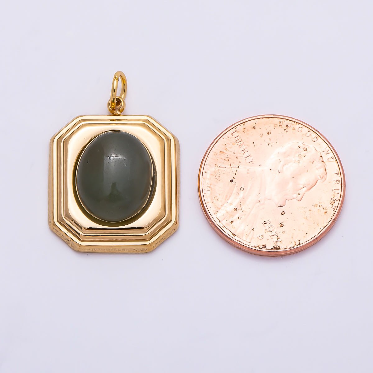 PVD Gold Stainless Steel 20mm Green Aventurine Cabochon Bezel Hexagon Charm | Charms-01331